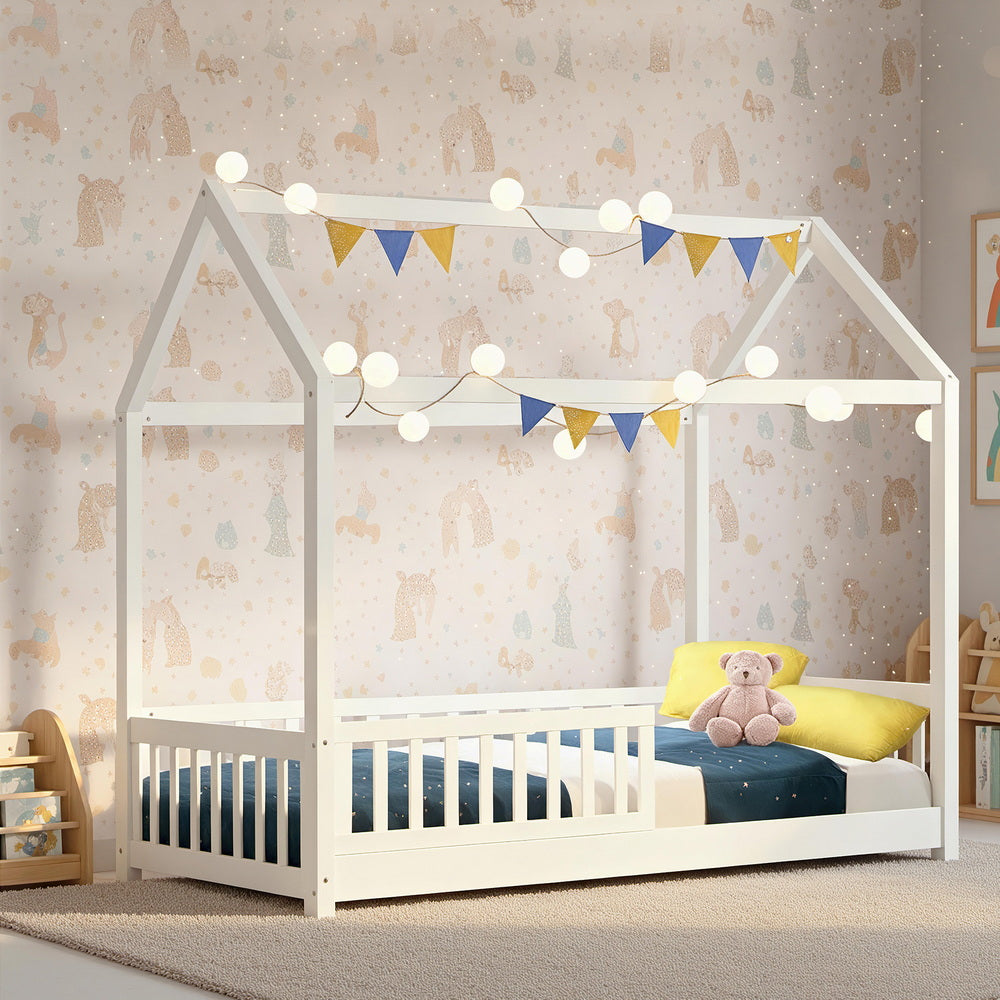 Kids Wooden House Bed Frame White Single Size Pine Wood