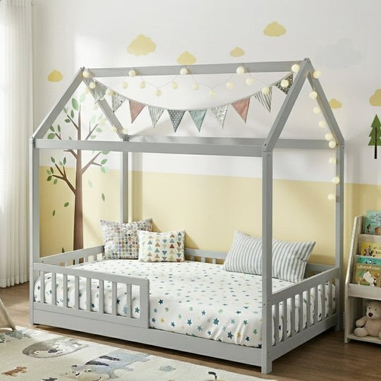 Wooden finish - Kids House Wooden Bed Frame With Grey Finish And Play Design