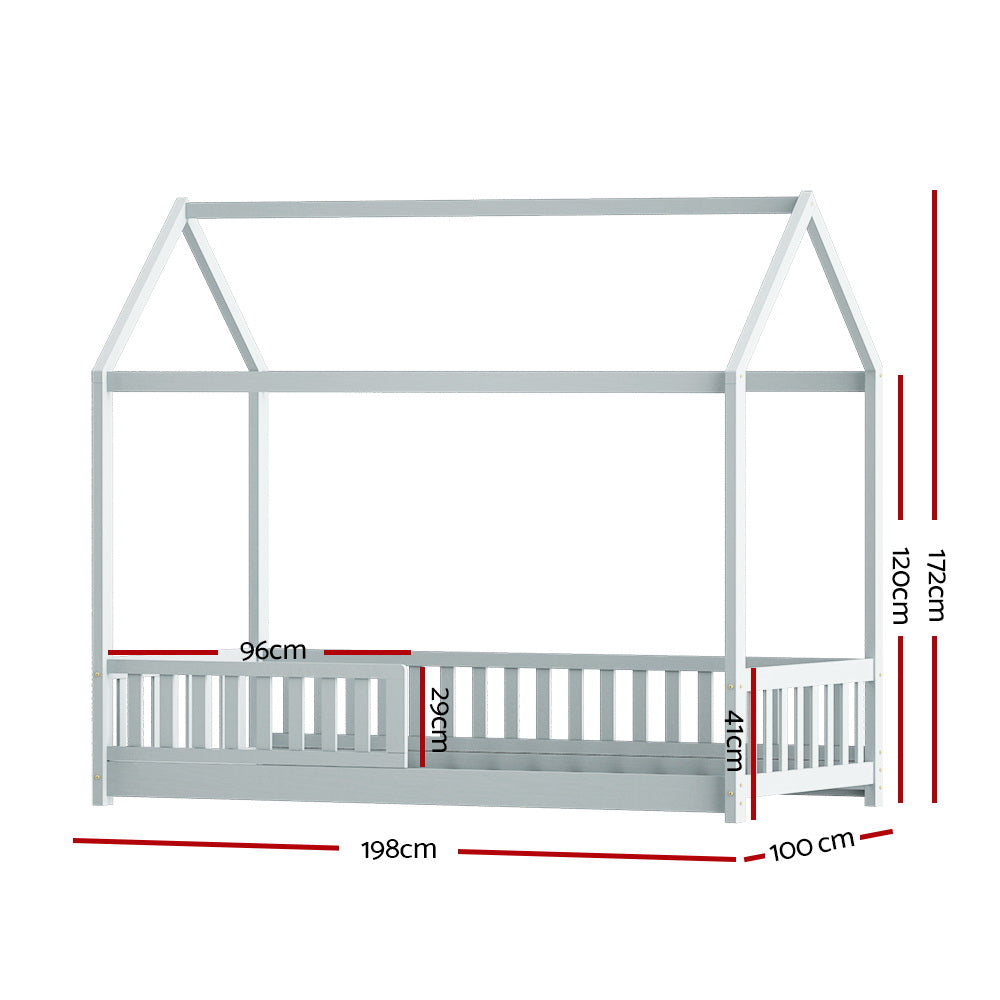 Kids House Wooden Bed Frame With Grey Finish And Play Design