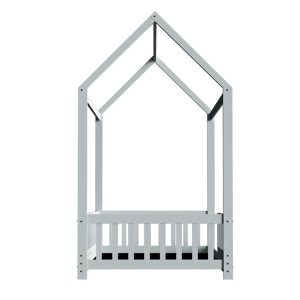Kids House Wooden Bed Frame With Grey Finish And Play Design