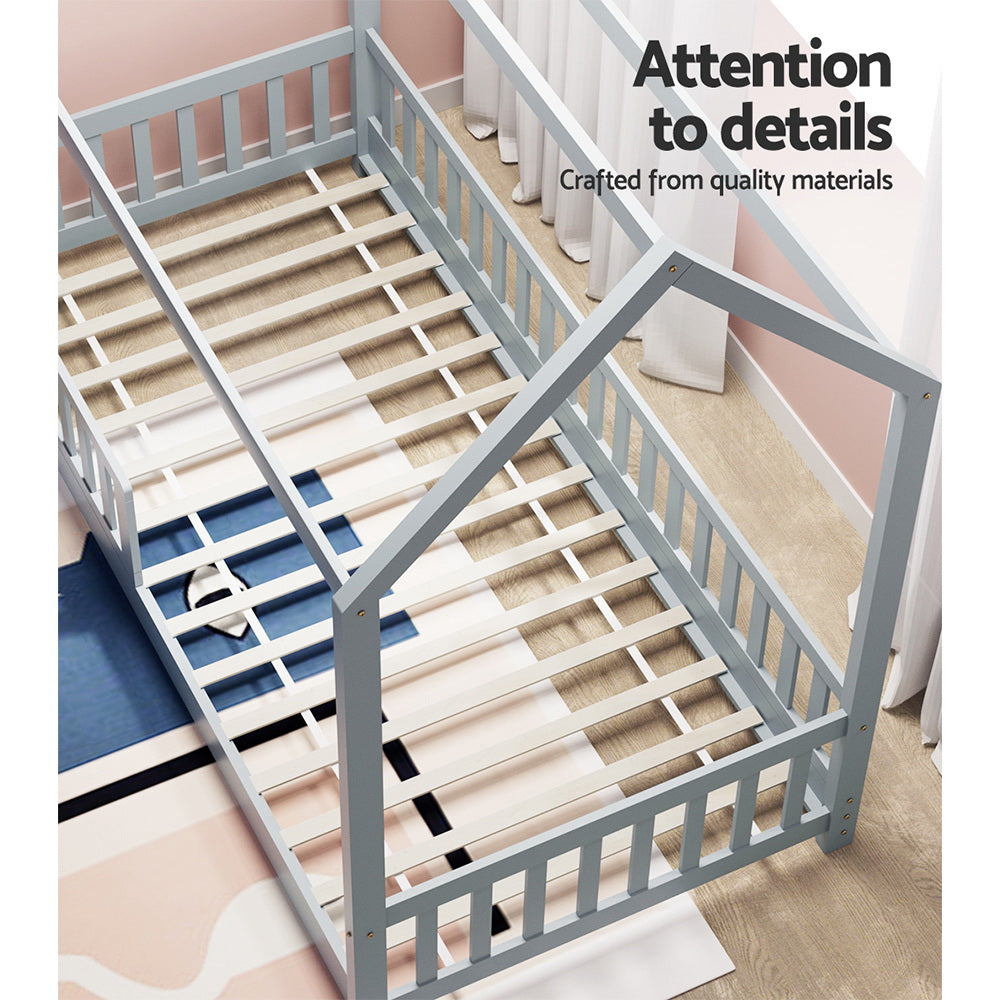 Kids House Wooden Bed Frame With Grey Finish And Play Design