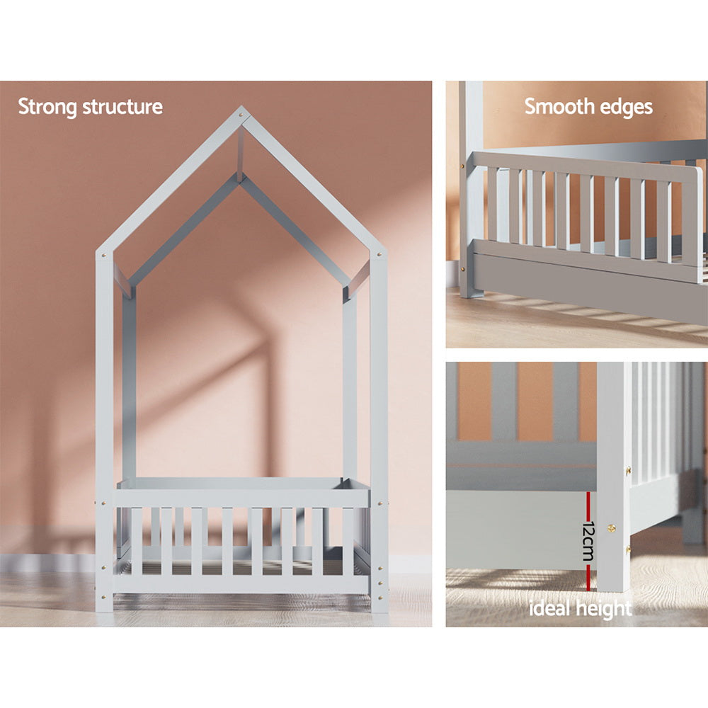 Kids House Wooden Bed Frame With Grey Finish And Play Design