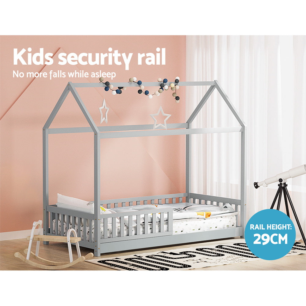 Kids House Wooden Bed Frame With Grey Finish And Play Design