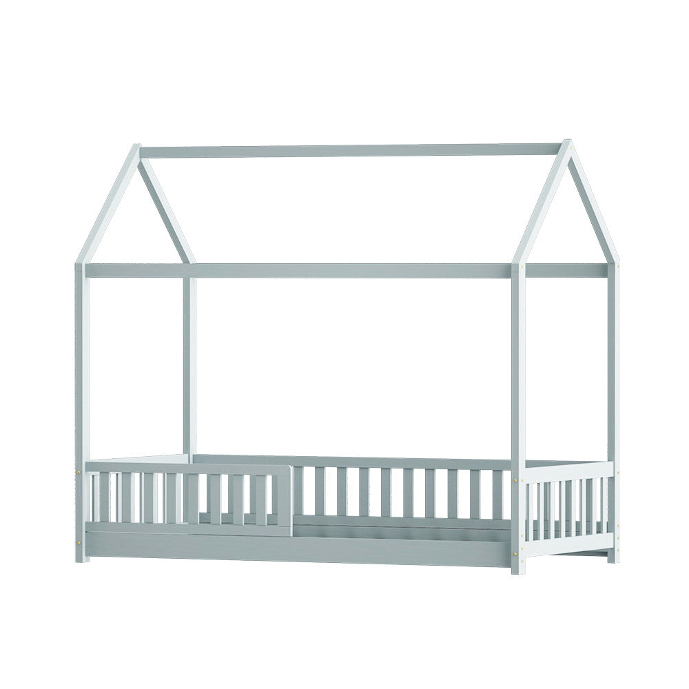 Kids House Wooden Bed Frame With Grey Finish And Play Design