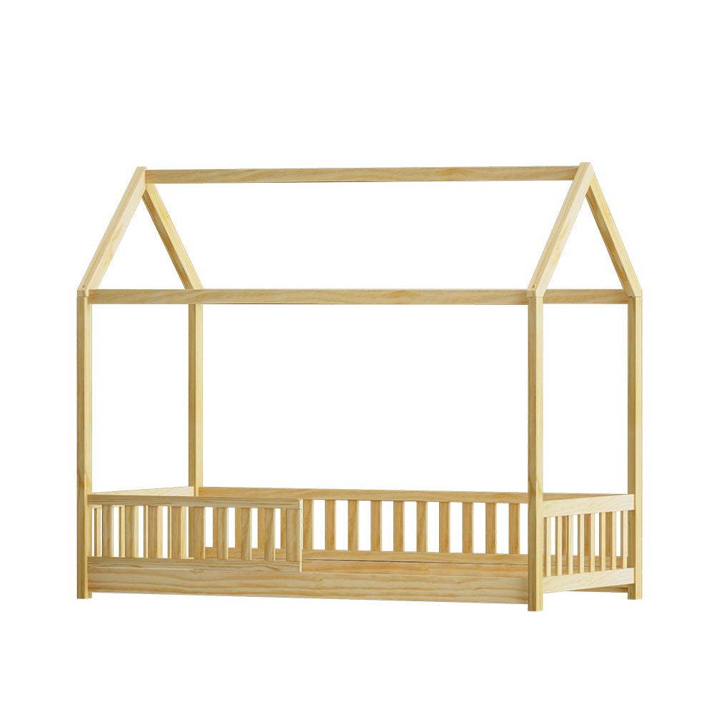 Kids House Wooden Bed Frame With Oak Finish And Play Design