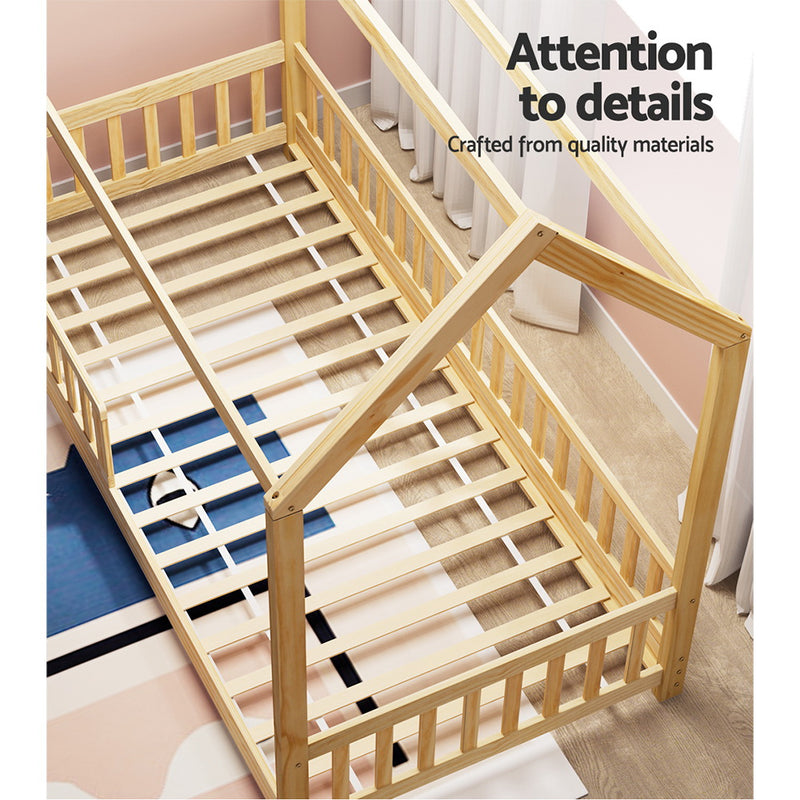 Kids House Wooden Bed Frame With Oak Finish And Play Design