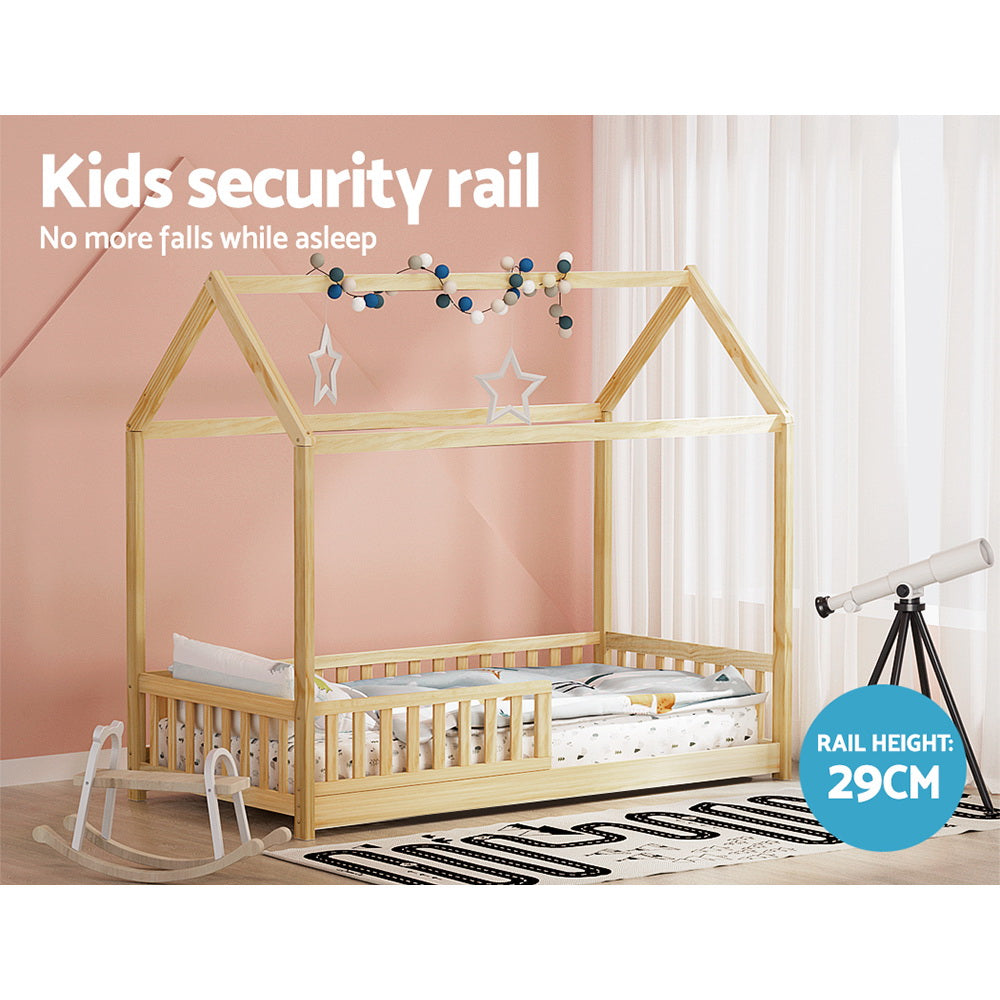 Kids House Wooden Bed Frame With Oak Finish And Play Design