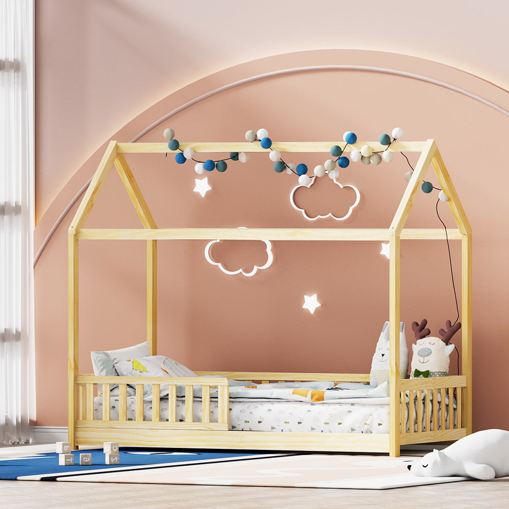 Kids House Wooden Bed Frame With Oak Finish And Play Design