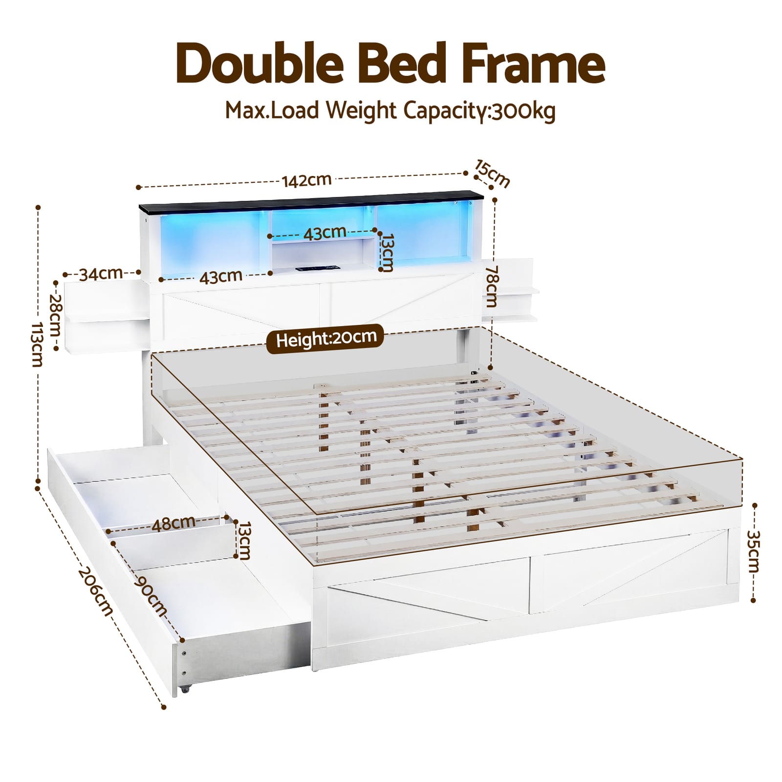 Double Bed Frame Storage 142x206x113cm