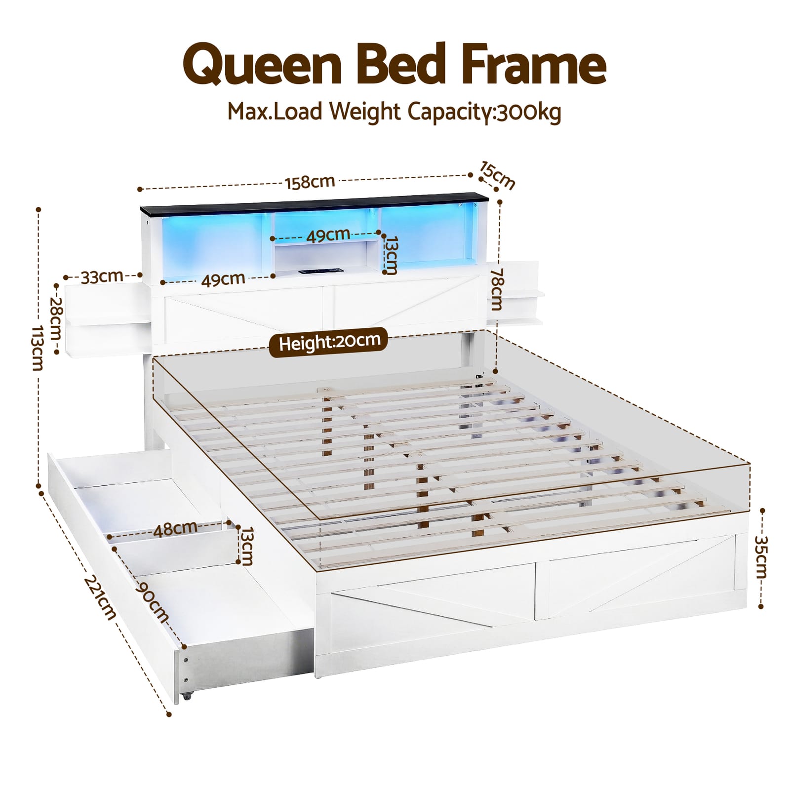 Queen Bed Frame Storage 158x221x113cm