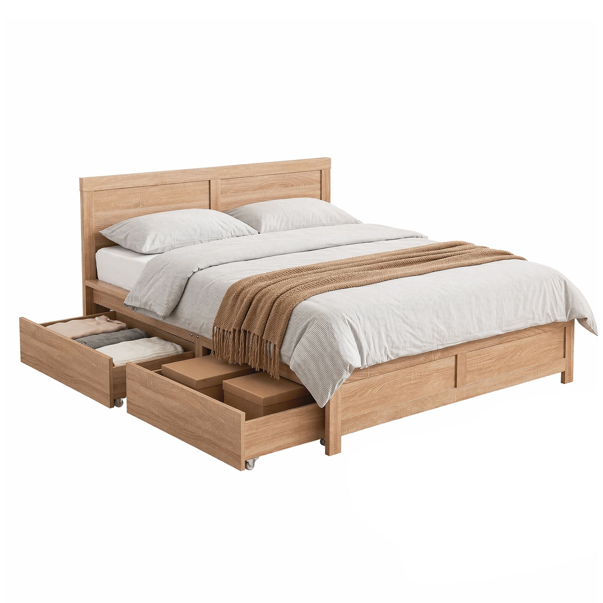 Double Bed Frame 2 Drawers Storage Oak | Simpledeals