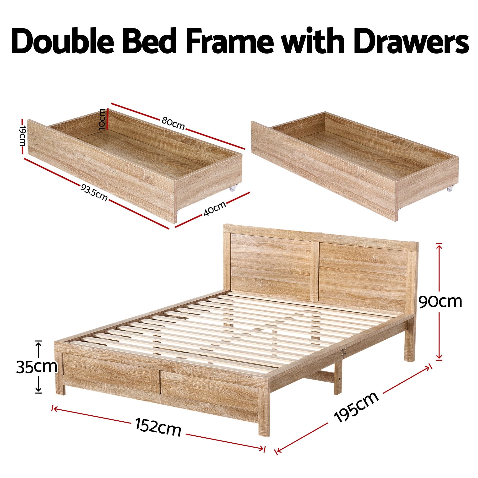 Double Bed Frame 2 Drawers Storage Oak | Simpledeals