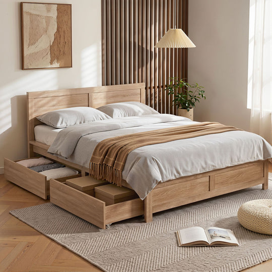 Queen Bed Frame 2 Drawers Storage Wood - Beds & Bed Frames