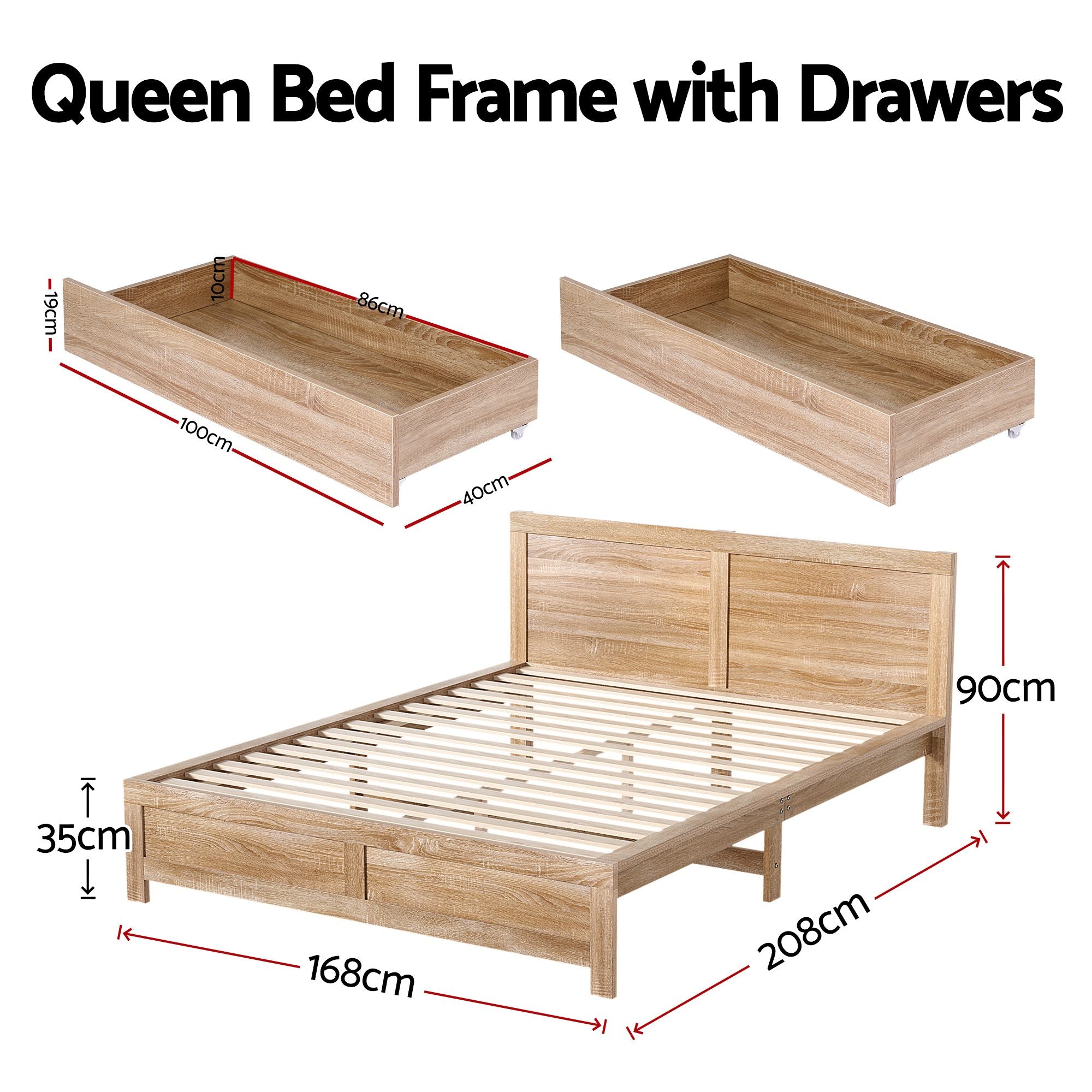 Queen Bed Frame 2 Drawers Storage Wood | Simpledeals