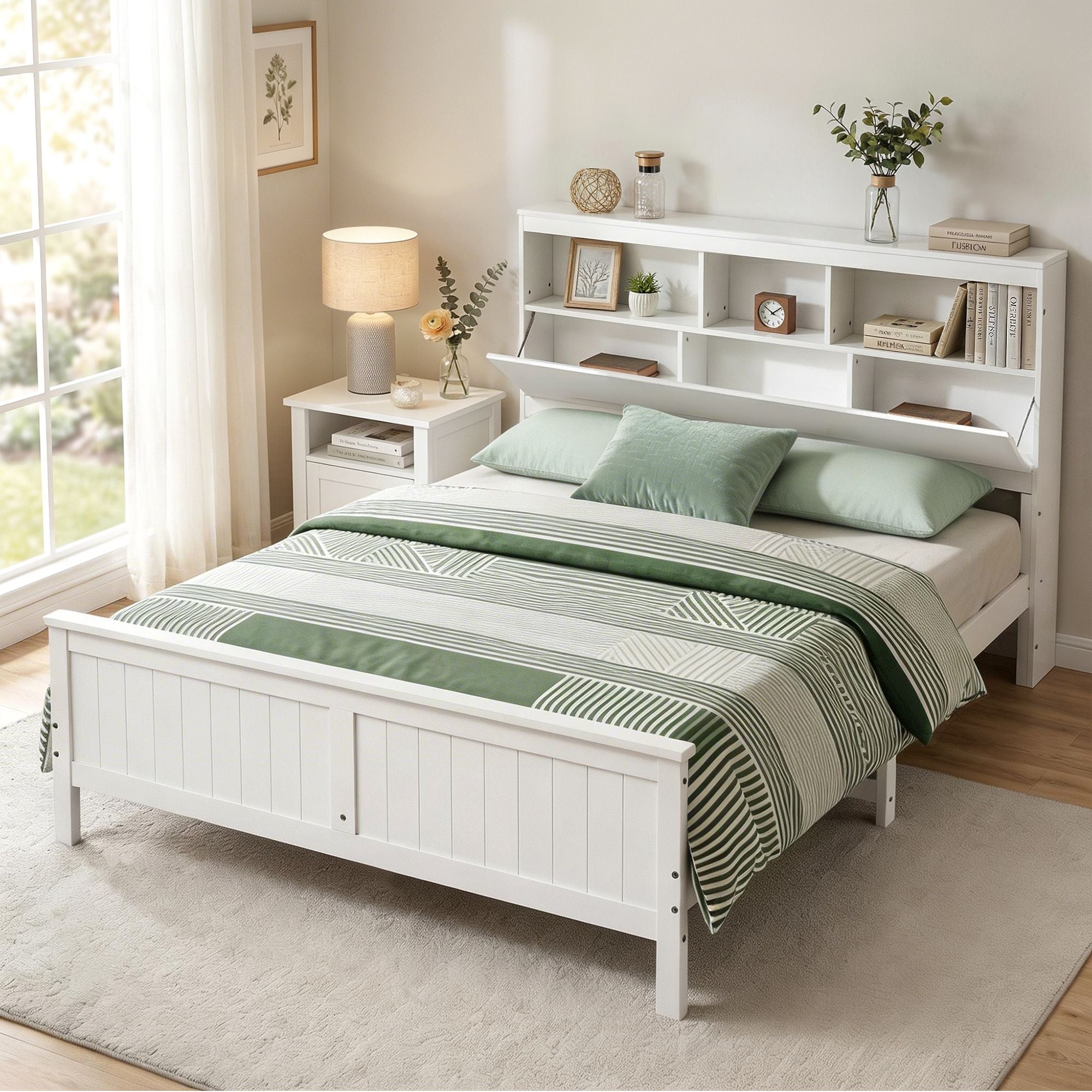Queen Bed Frame Storage Headboard Pine White | Simpledeals