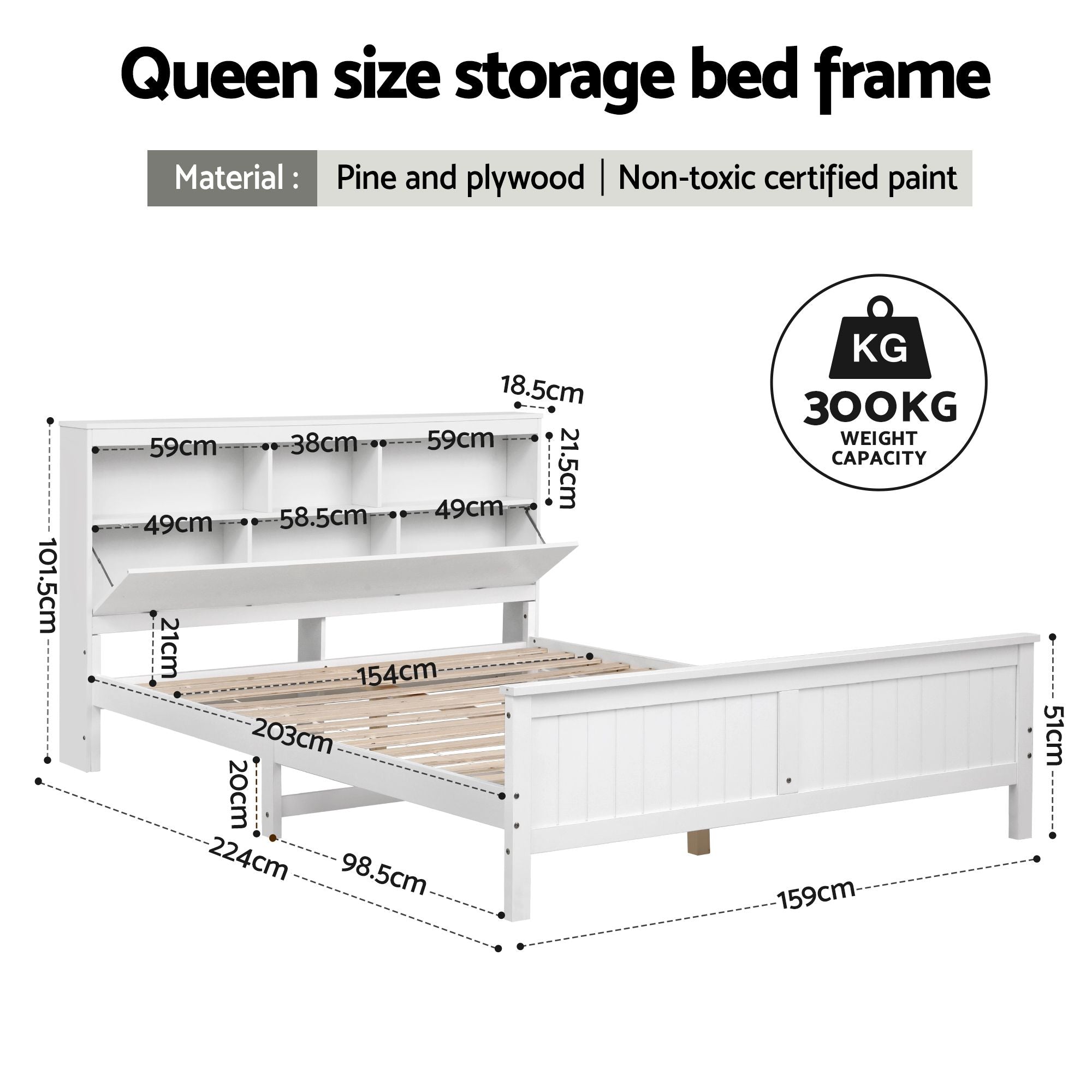 Queen Bed Frame Storage Headboard Pine White | Simpledeals