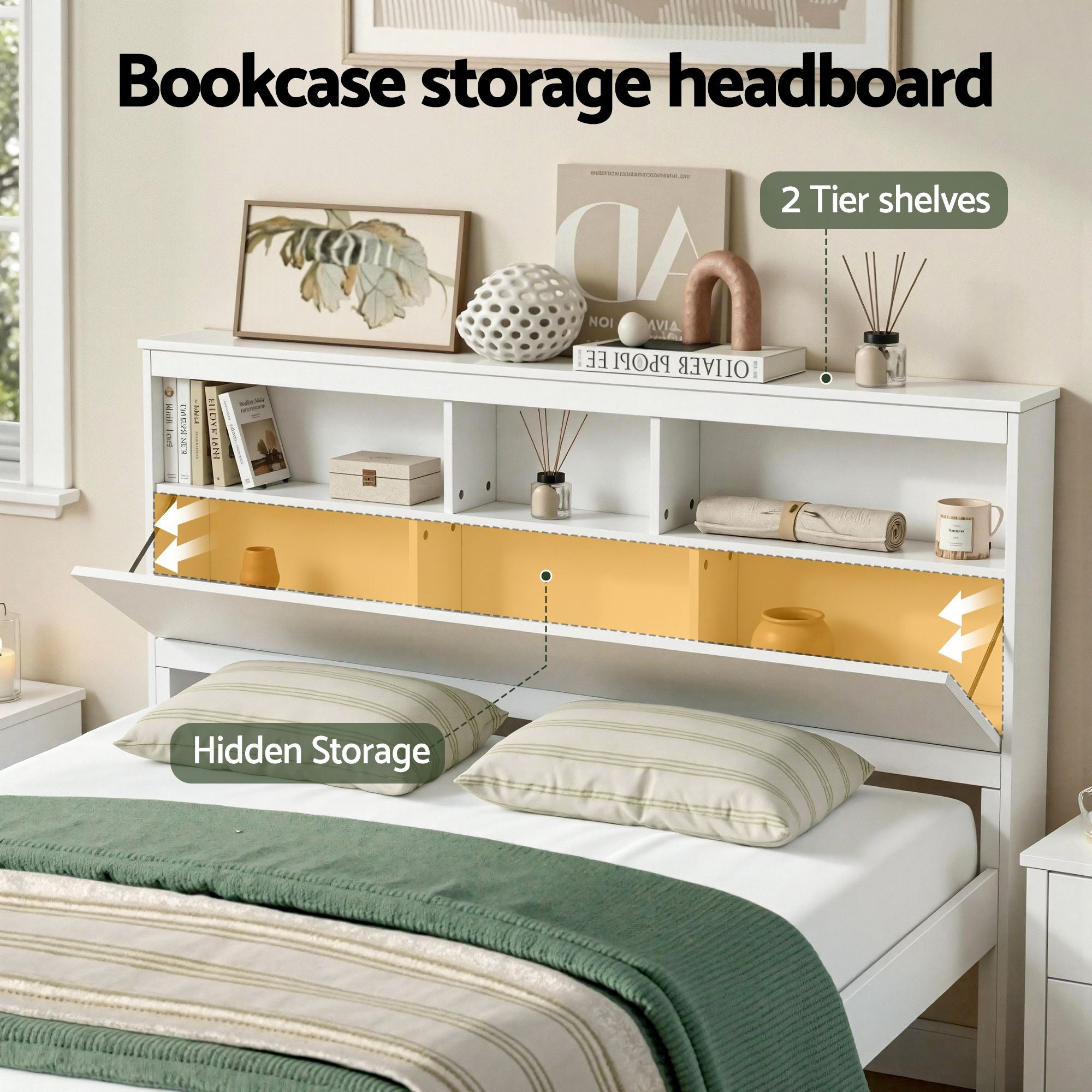 Queen Bed Frame Storage Headboard Pine White | Simpledeals