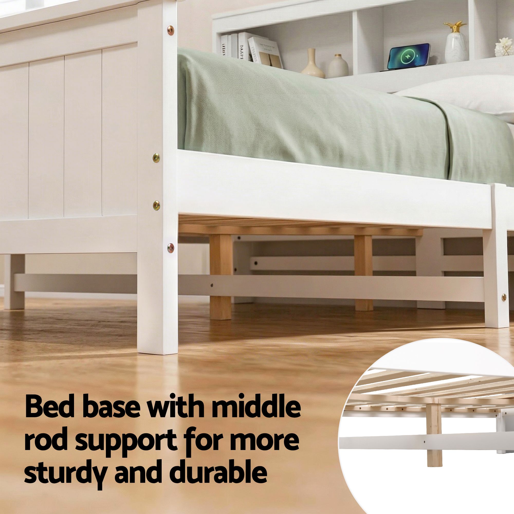 Queen Bed Frame Storage Headboard Pine White | Simpledeals