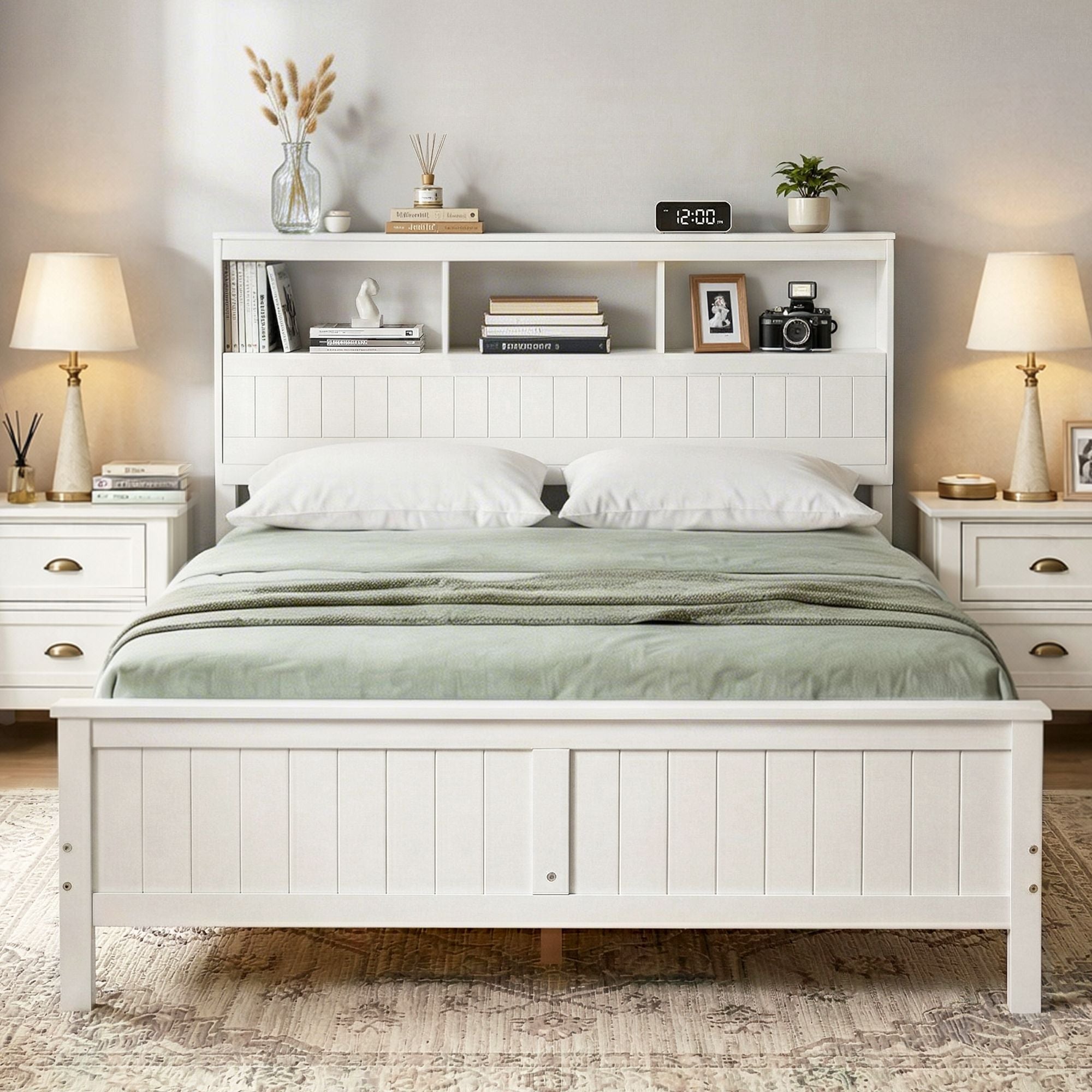Queen Bed Frame Storage Headboard Pine White | Simpledeals