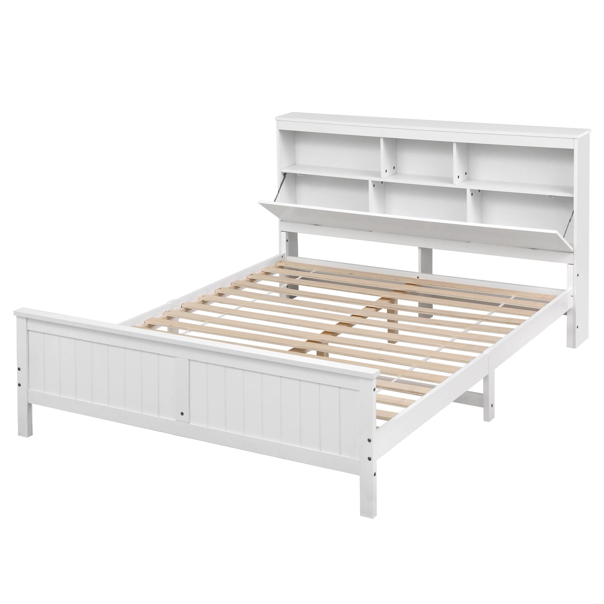Queen Bed Frame Storage Headboard Pine White | Simpledeals