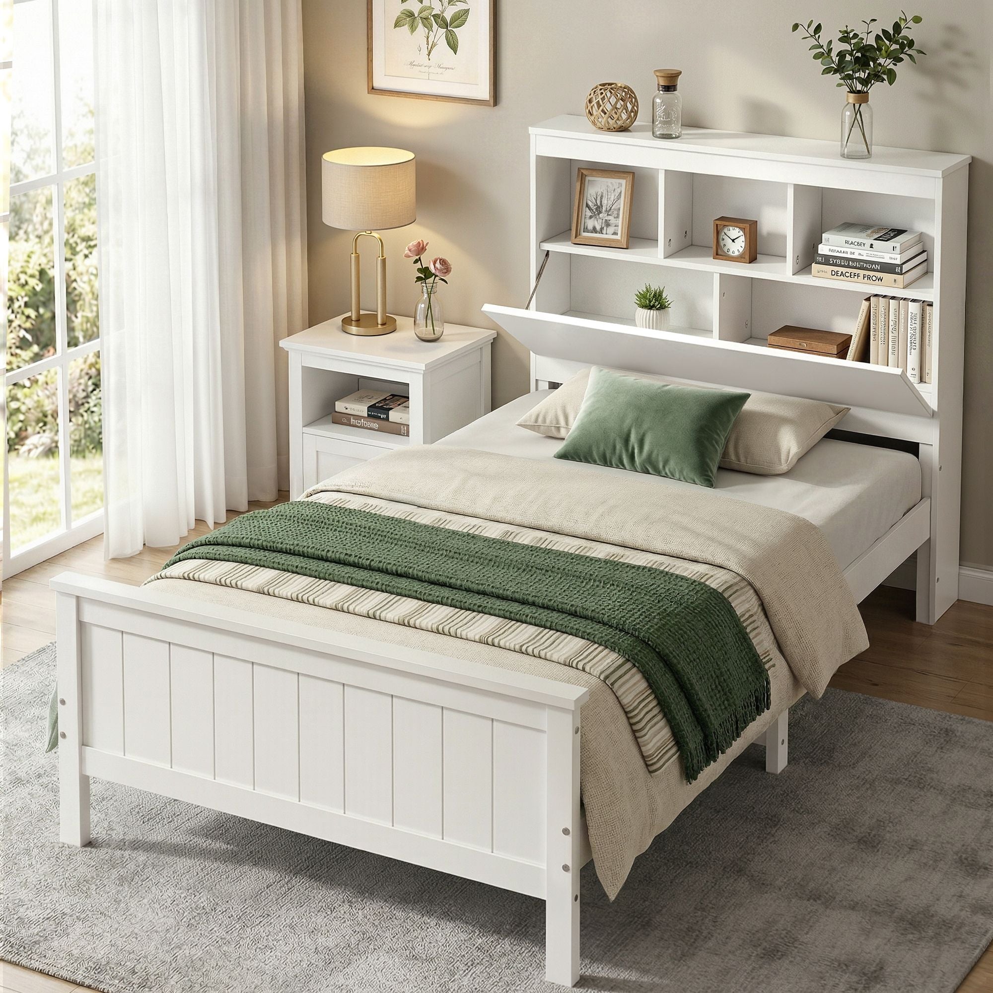 Single Bed Frame Storage Headboard Pine White | Simpledeals