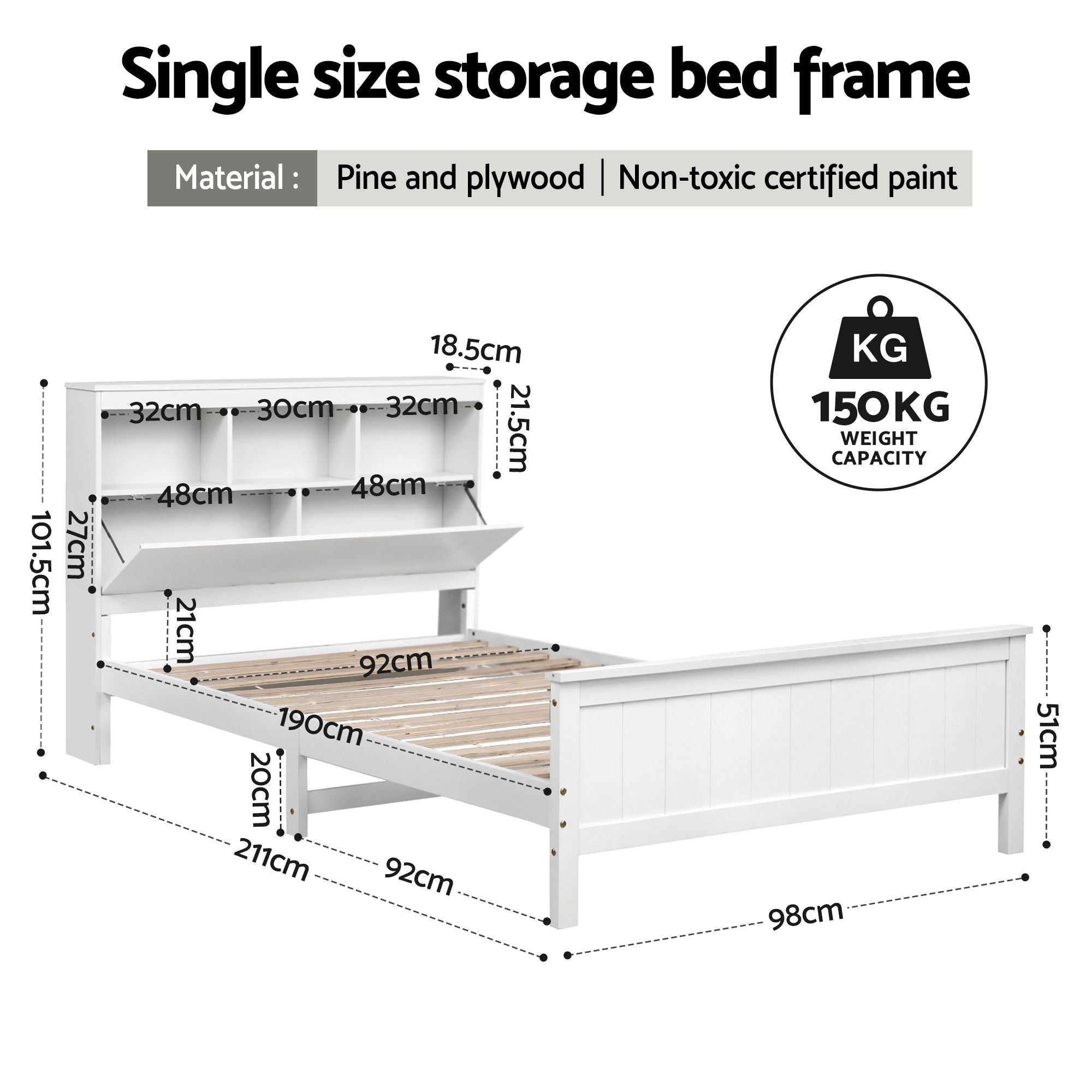Single Bed Frame Storage Headboard Pine White | Simpledeals