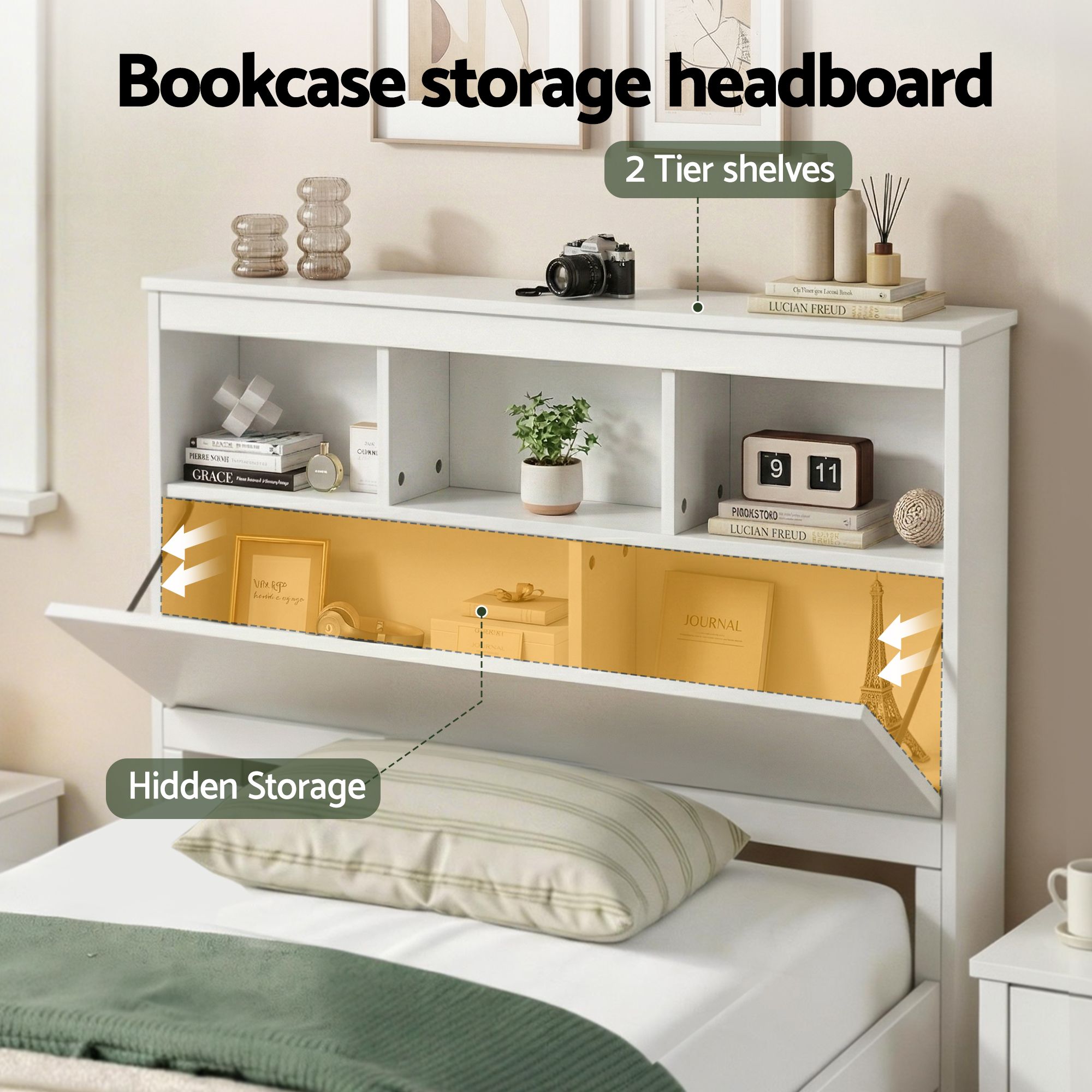 Single Bed Frame Storage Headboard Pine White | Simpledeals