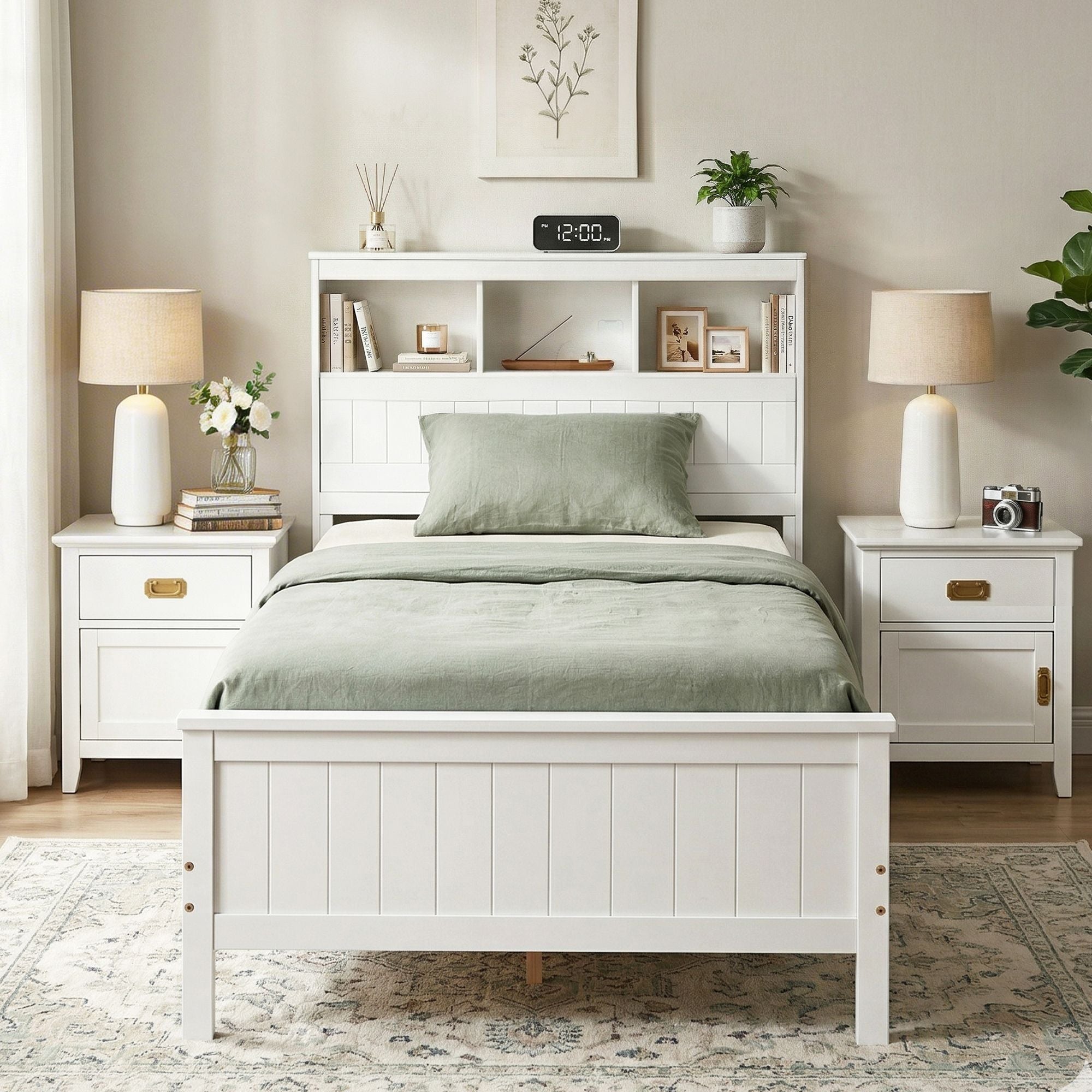 Single Bed Frame Storage Headboard Pine White | Simpledeals