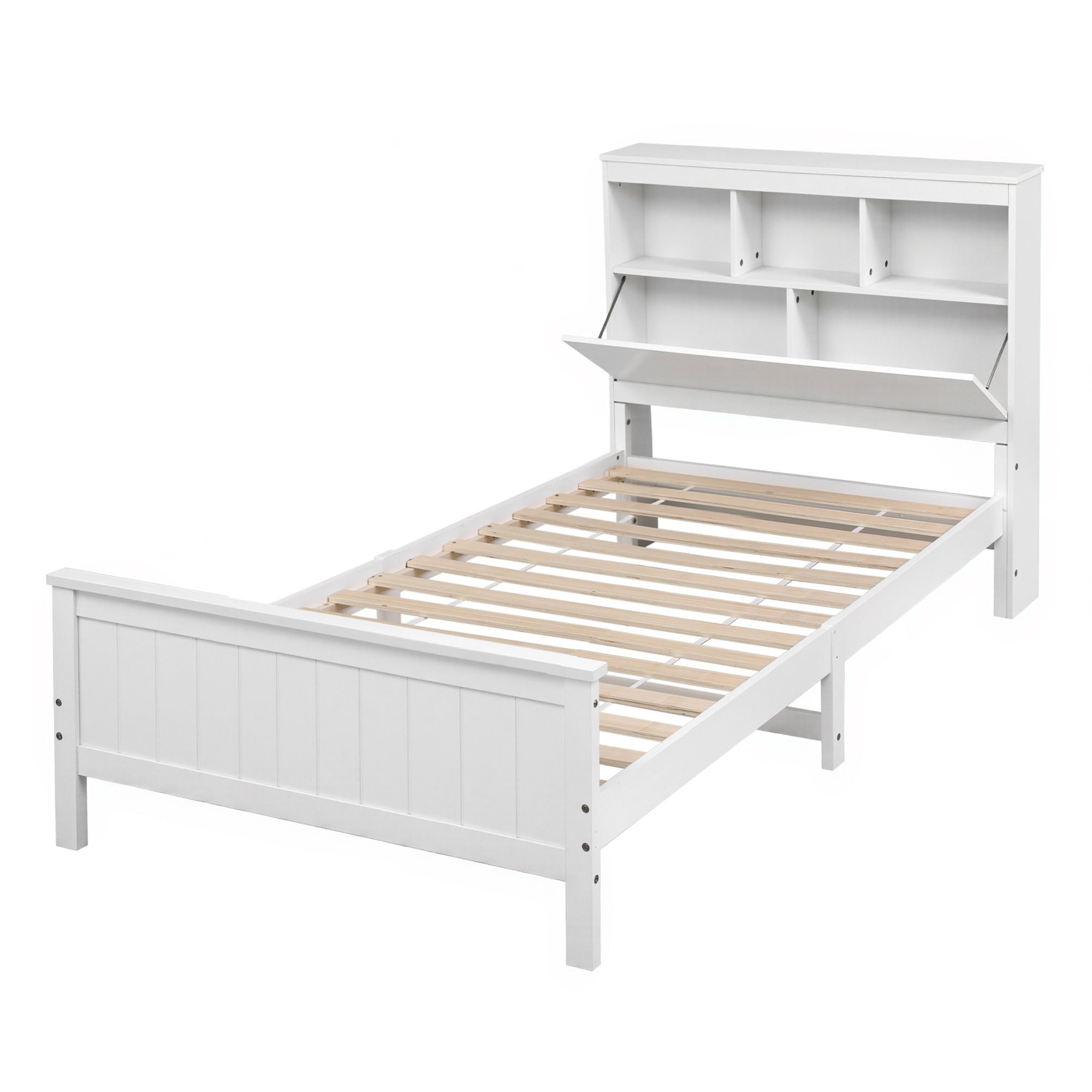 Single Bed Frame Storage Headboard Pine White | Simpledeals