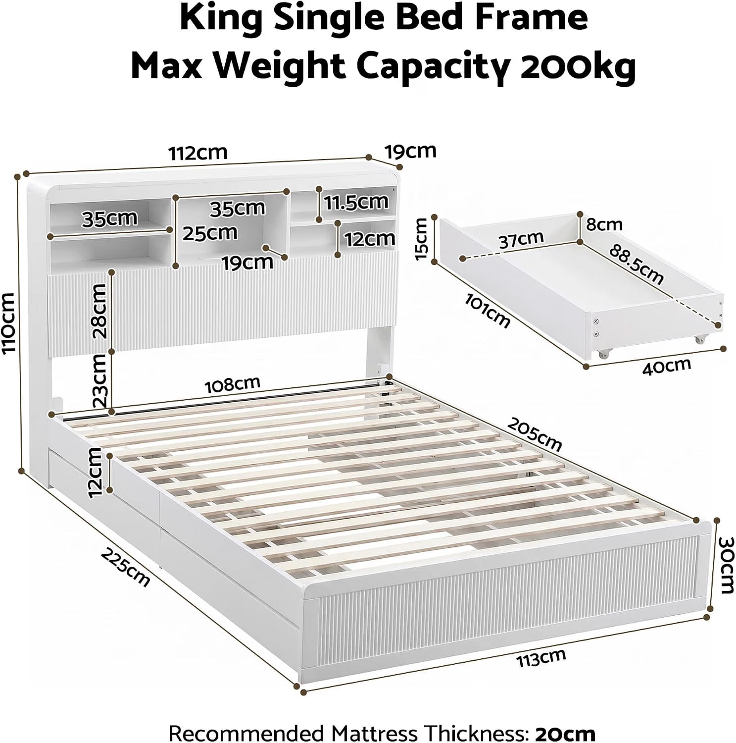 King Single Bed Frame Set 101x40x15cm