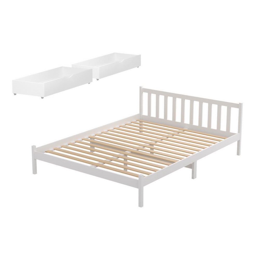 Wooden Platform Bed With 2 Storage Drawers White-Double Size