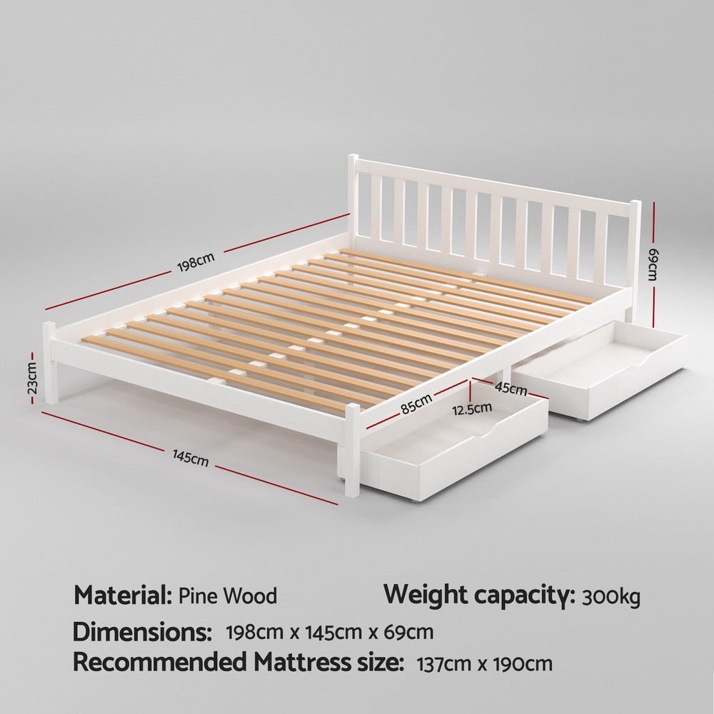 Wooden Platform Bed With 2 Storage Drawers White-Double Size