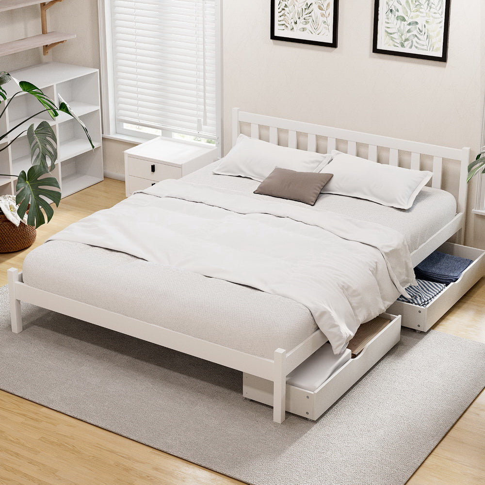 Wooden Platform Bed With 2 Storage Drawers White-Double Size