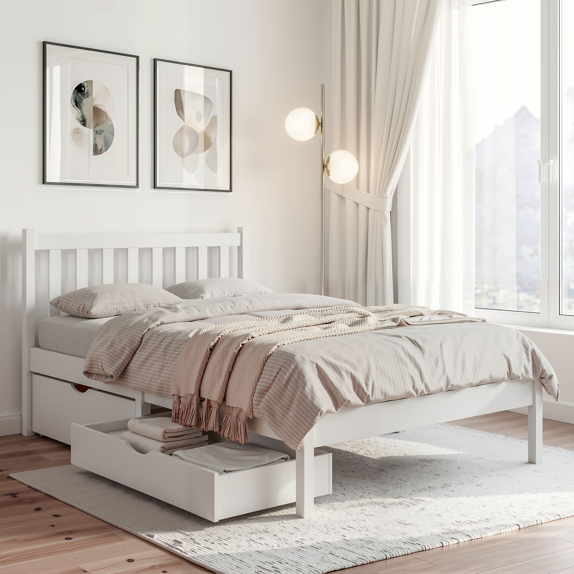 King Single Wooden Platform Bed With 2 Storage Drawers White
