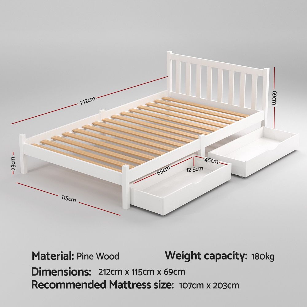 King Single Wooden Platform Bed With 2 Storage Drawers White
