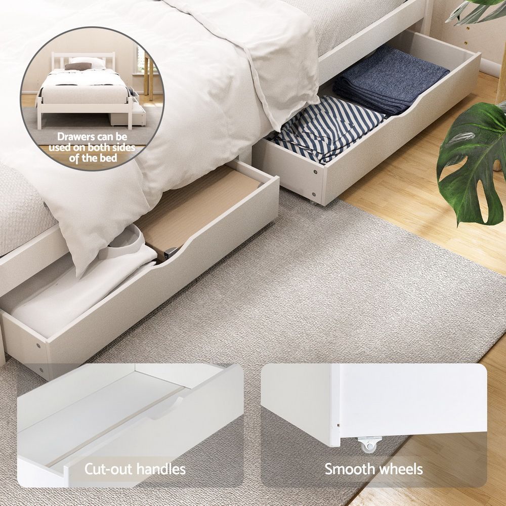 King Single Wooden Platform Bed With 2 Storage Drawers White