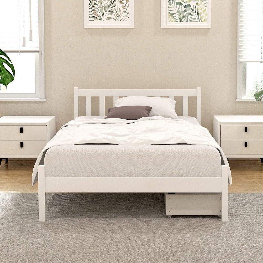 King Single Wooden Platform Bed With 2 Storage Drawers White