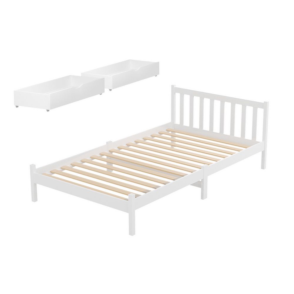 King Single Wooden Platform Bed With 2 Storage Drawers White