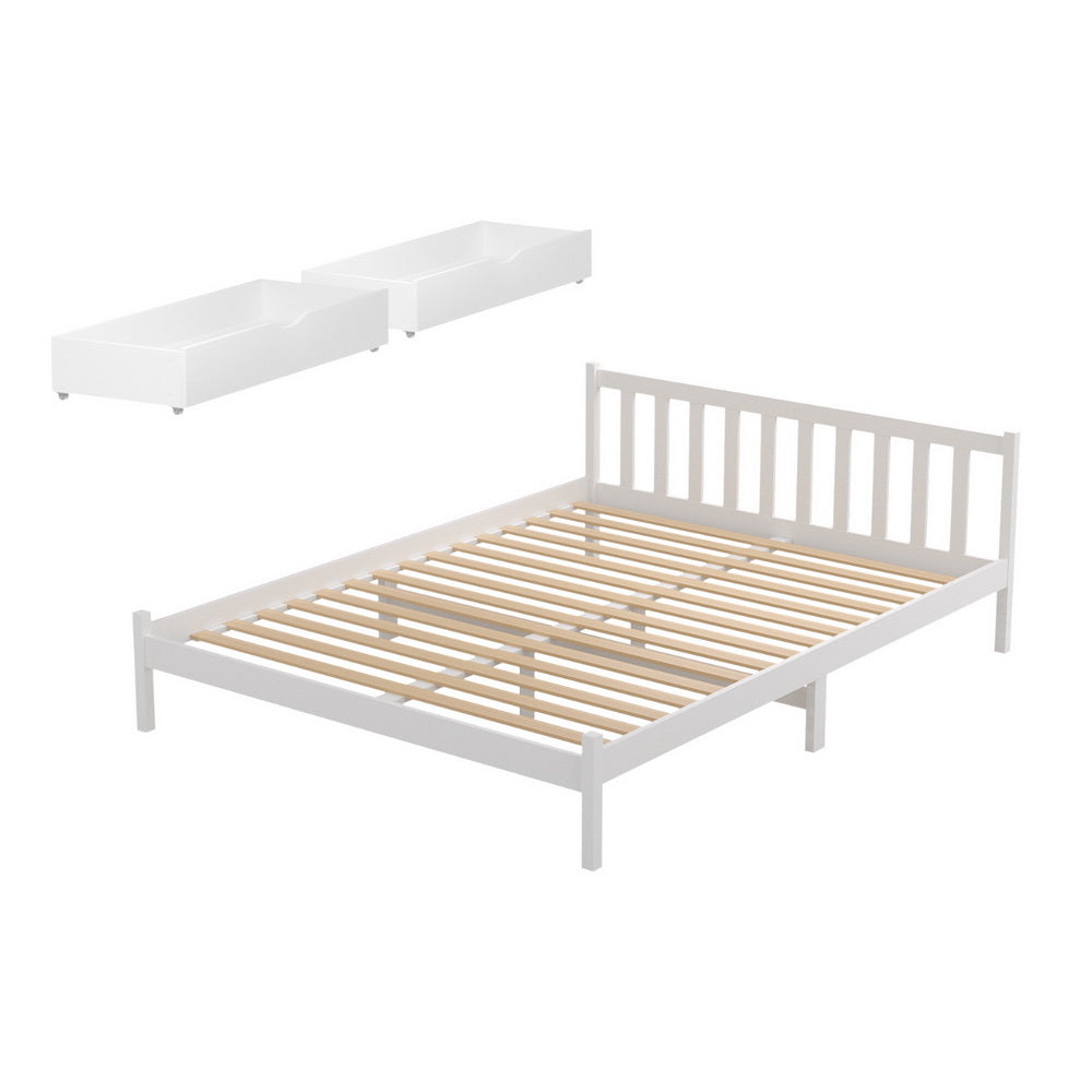 Queen Size Bed Frame With Wooden Platform And 2 Storage Drawers White