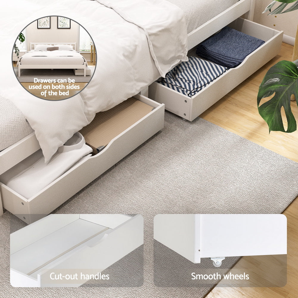 Queen Size Bed Frame With Wooden Platform And 2 Storage Drawers White