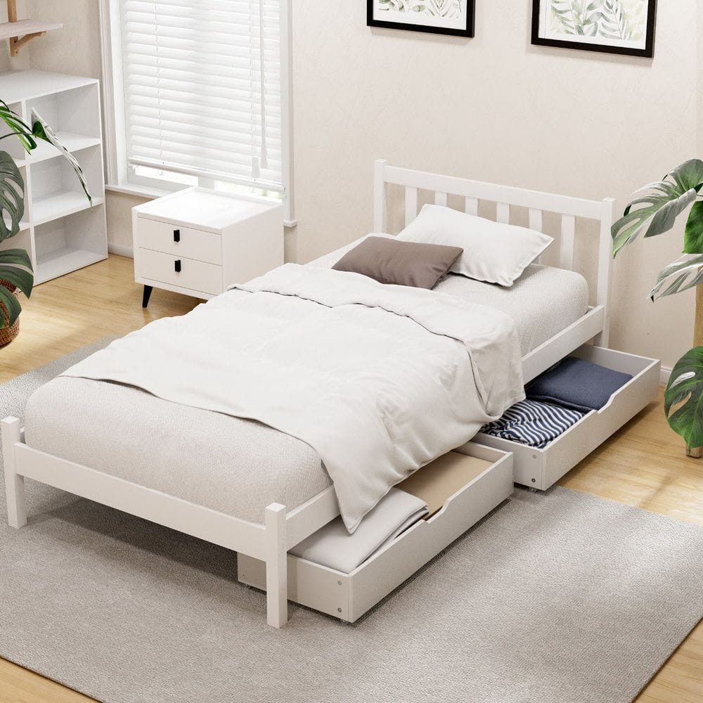Single Bed Frame White Storage 198x98x69cm