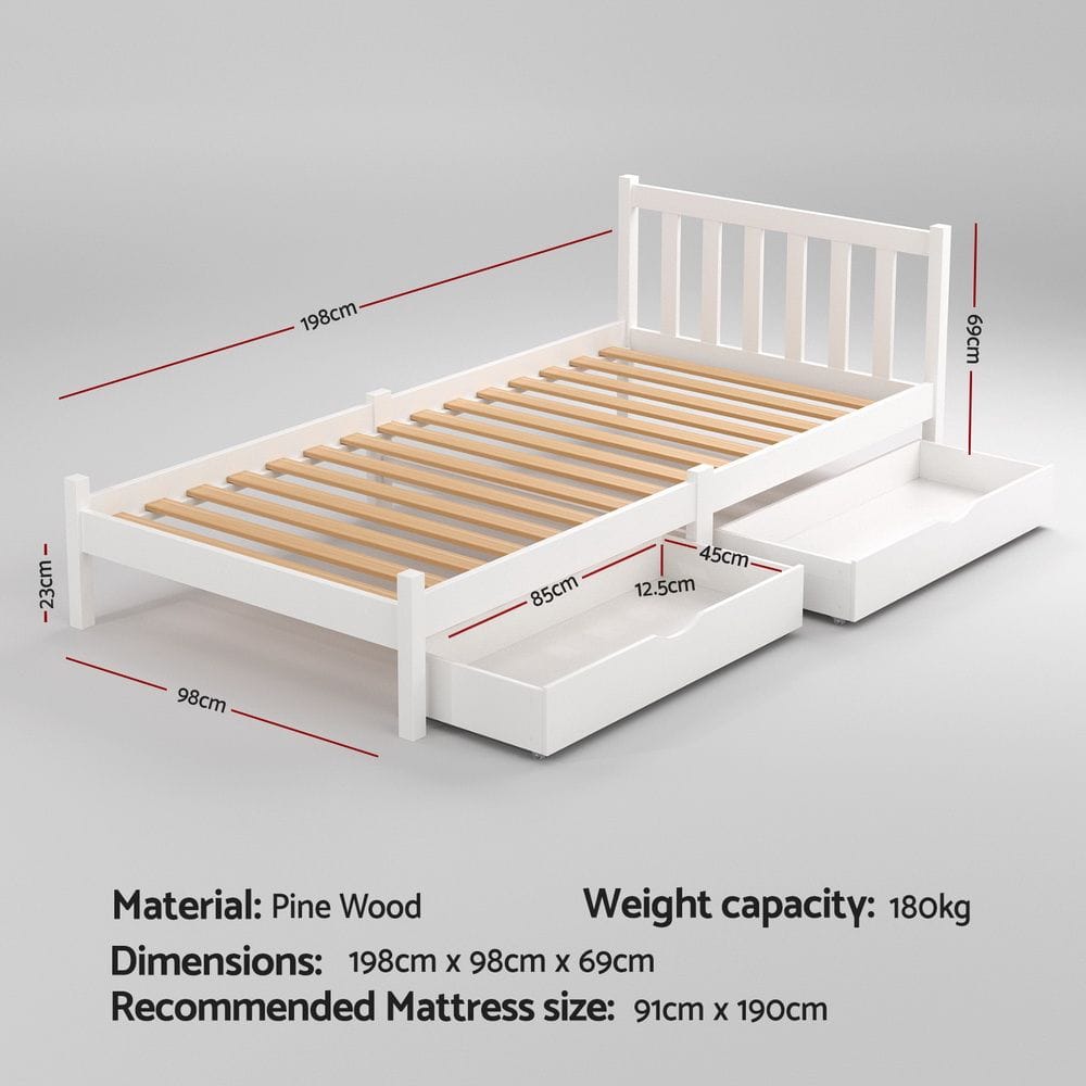 Single Bed Frame White Storage 198x98x69cm