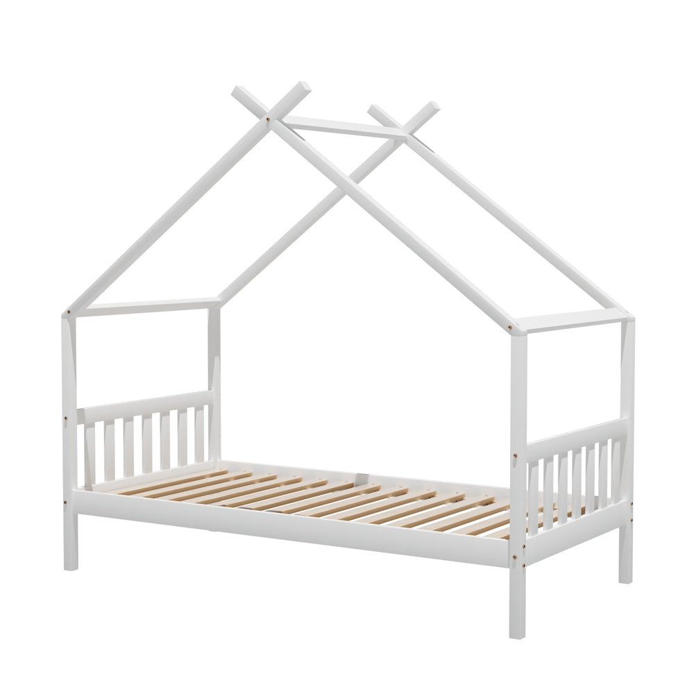 Single Size Kids Bed With Wooden Timber House Platform White