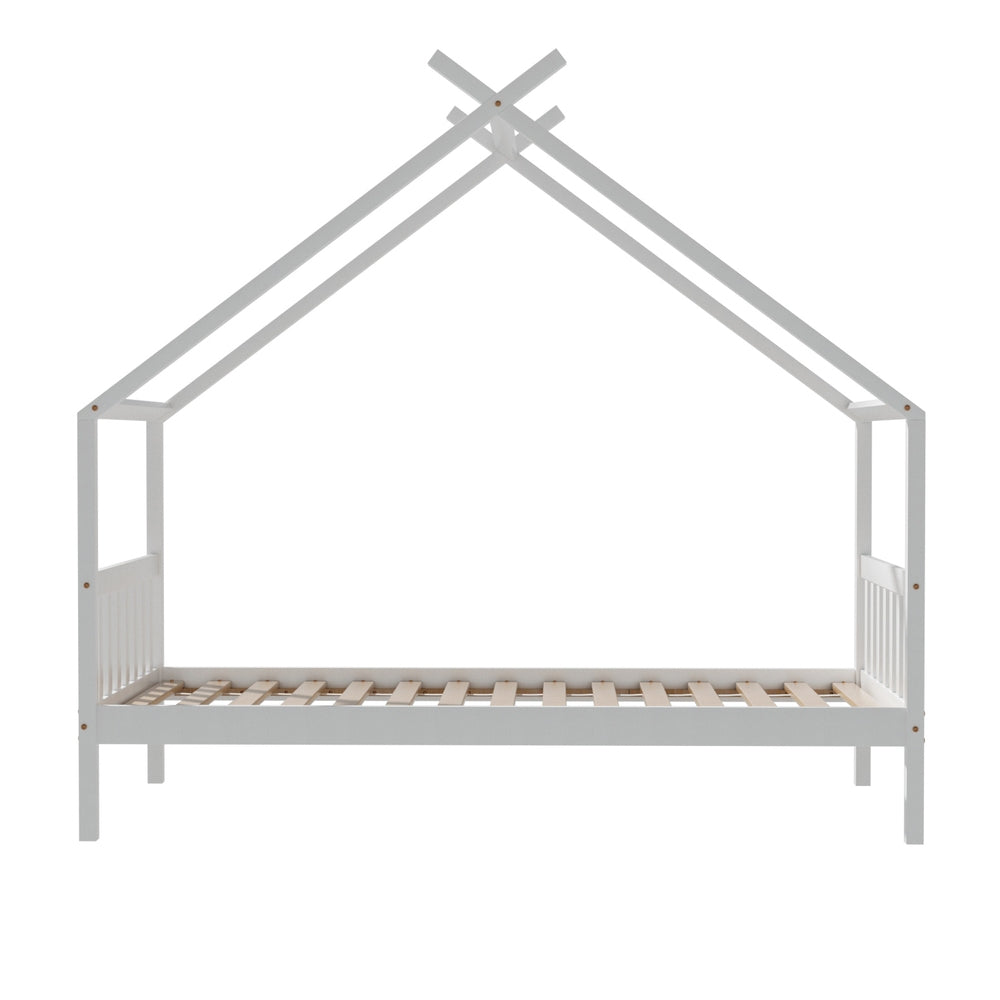 Single Size Kids Bed With Wooden Timber House Platform White