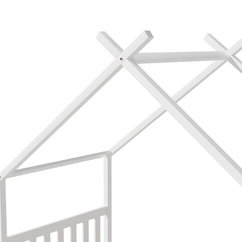 Single Size Kids Bed With Wooden Timber House Platform White