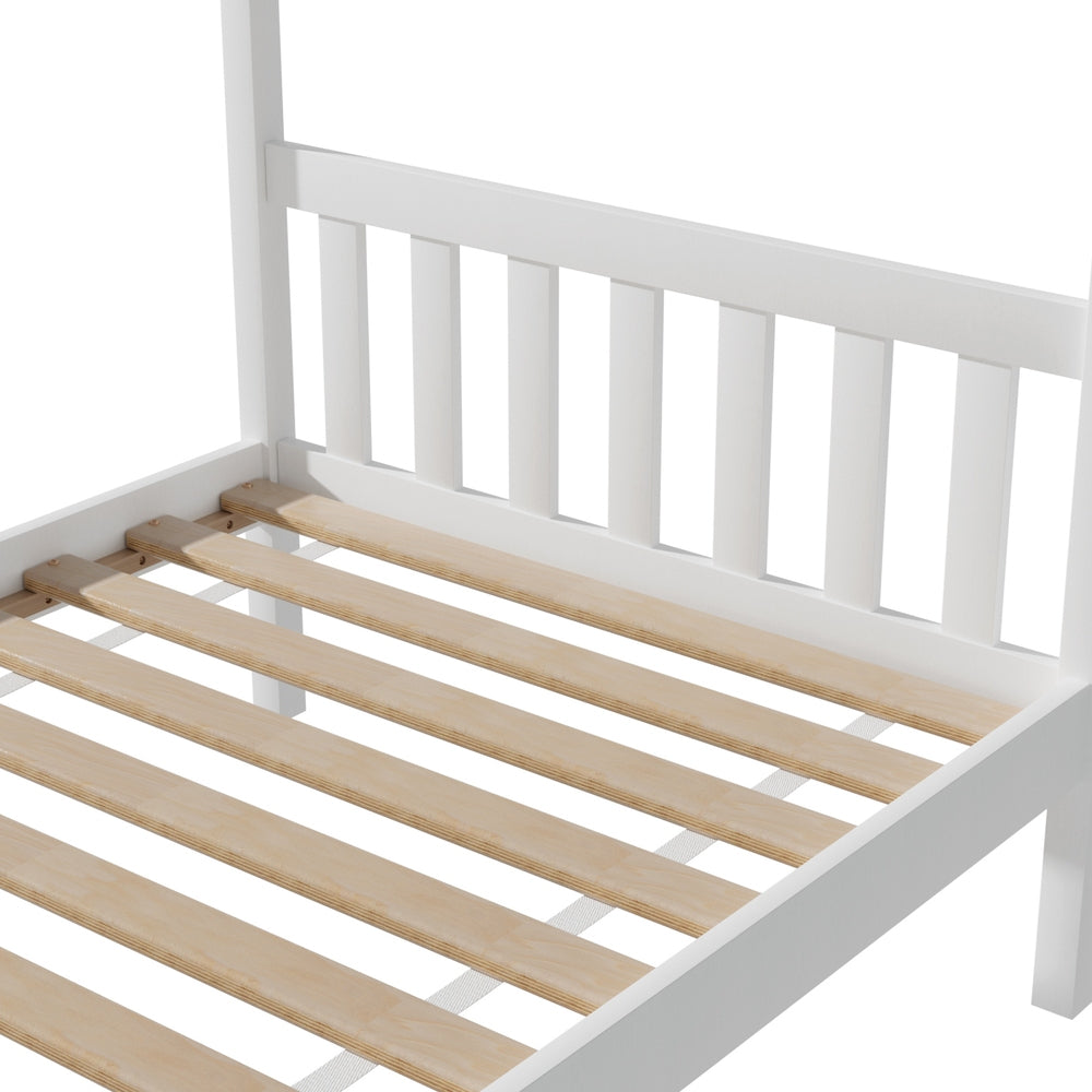 Single Size Kids Bed With Wooden Timber House Platform White
