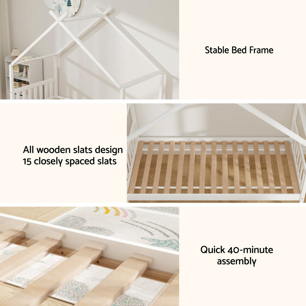 Single Size Kids Bed With Wooden Timber House Platform White