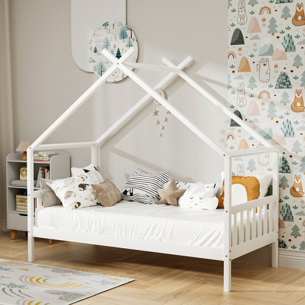 Single Size Kids Bed With Wooden Timber House Platform White