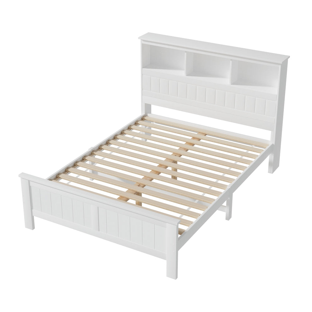 Beds & Bed Frames - Bed Frame Double Size Wooden With 3 Shelves Bed Head White