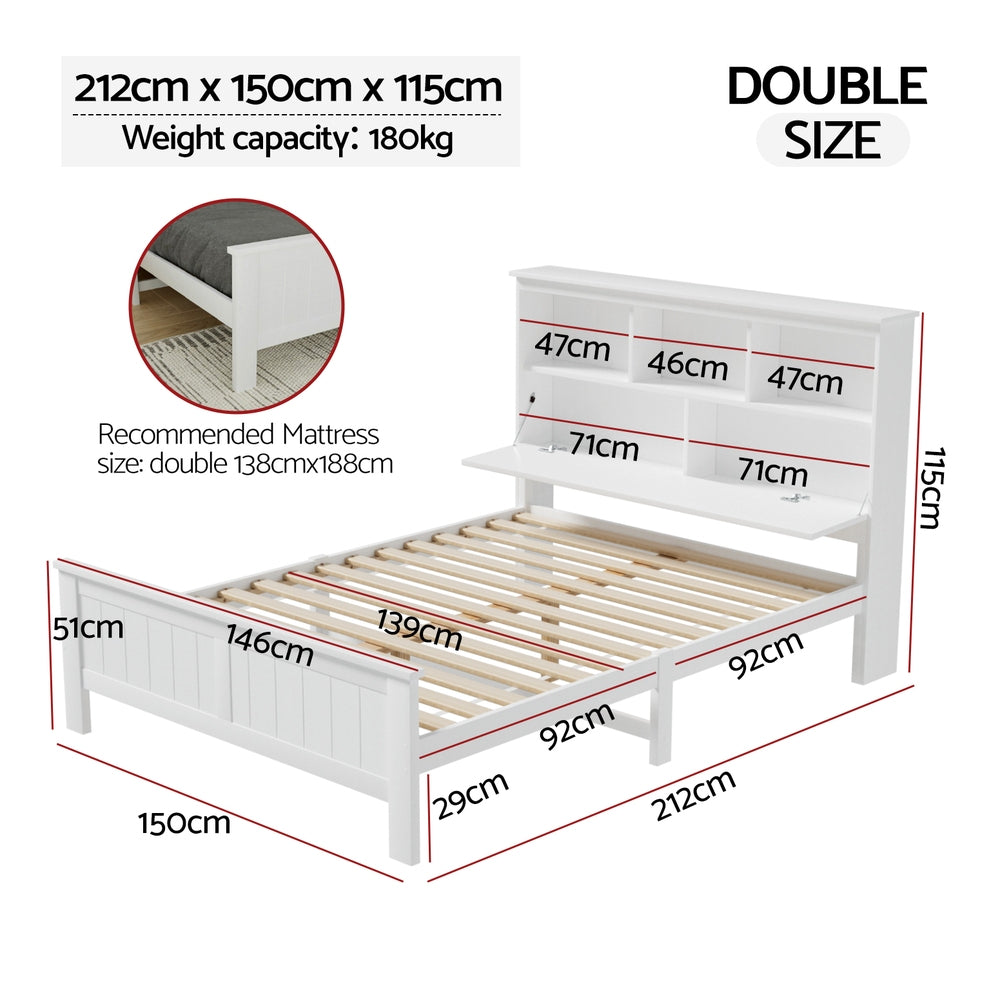 White colour - Bed Frame Double Size Wooden With 3 Shelves Bed Head White